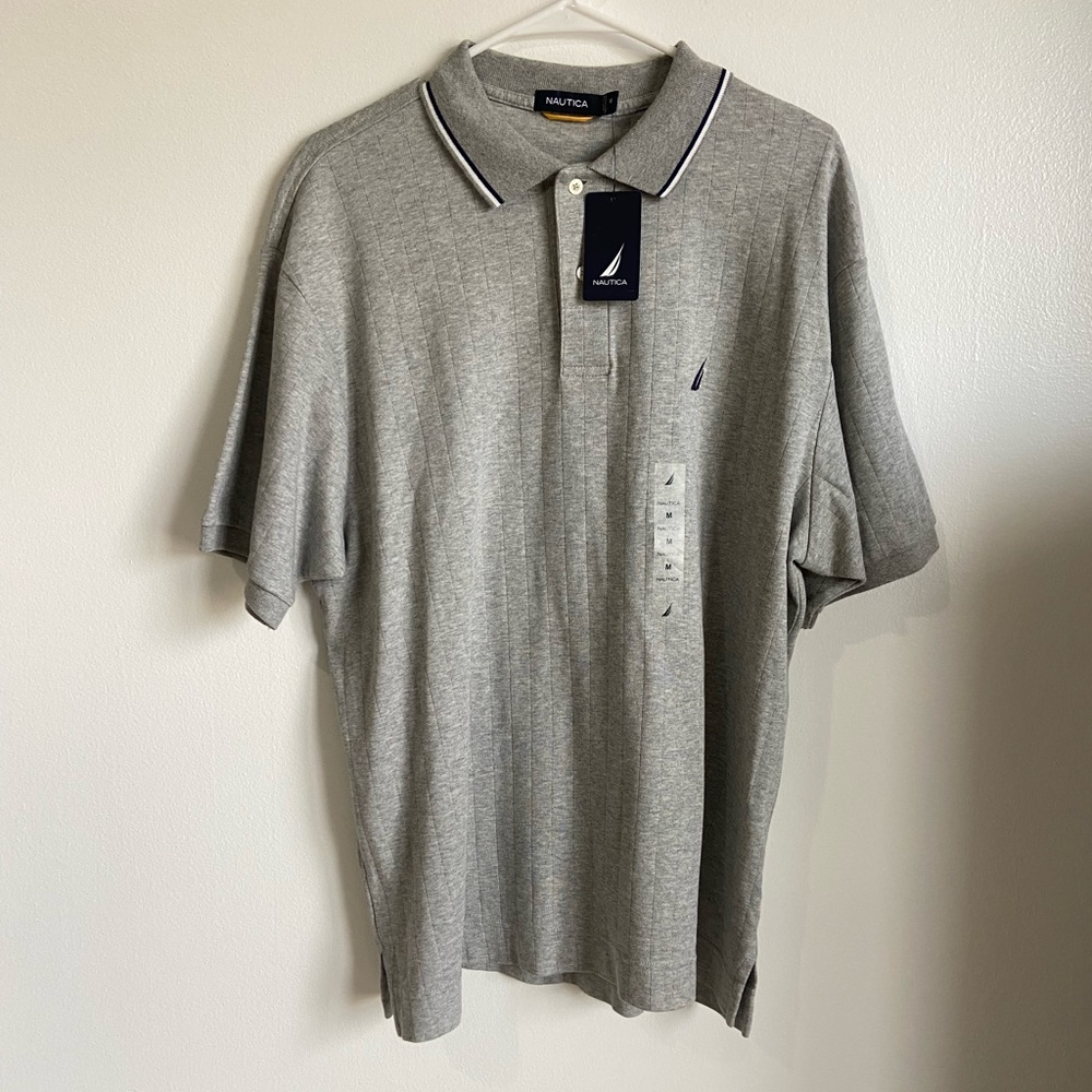 Nautica Mens Grey/Blue/White Short Sleeve Deck Polo Shirt-M
